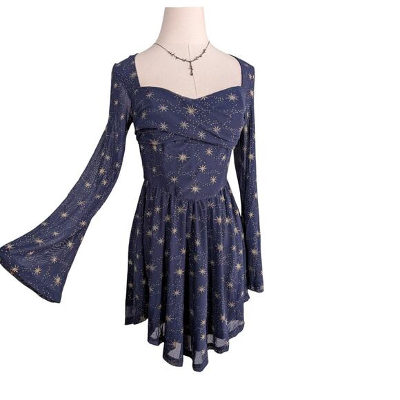 Celestial Star Mesh Mini Dress S Blue Gold Long Sleeve Milkmaid Whimsigoth Cider - Picture 1 of 14
